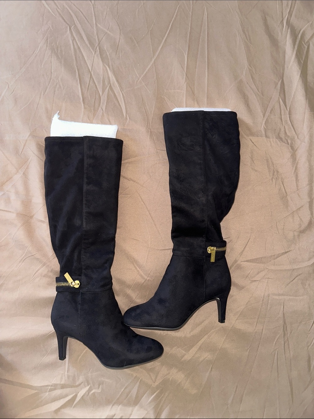 BCBGeneration Black Knee-High Heeled Boots with Gold Accent